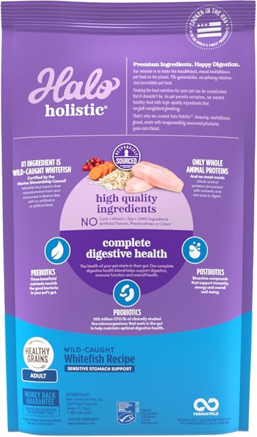 Halo Holistic Cat Food Wild Caught Whitefish Formula, Healthy Grains Dry Cat Food, For Sensitive Stomach Support, Kibble for Adult Cats, 6 lb Bag