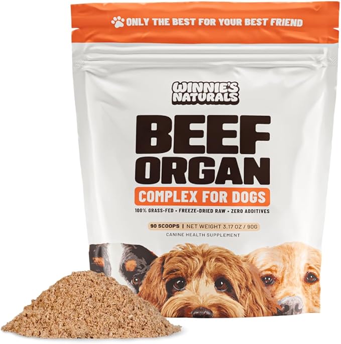 Winnies Naturals Beef Organ Complex Supplement for Dogs, Grass Fed Beef Organs Meal Topper, Dog Multivitamin, Dog Joint Health Supplement Support, Raw Food Supplement for Dogs, 90 Servings