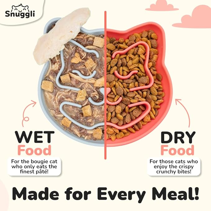 Snuggli Slow Feeder Cat Bowl | Cat Puzzle Feeder for Slow Eating, Mental Enrichment, Digestion, & Bloat Relief | Non-Slip Silicone, Dishwasher Safe, 1 Cup (Coral)