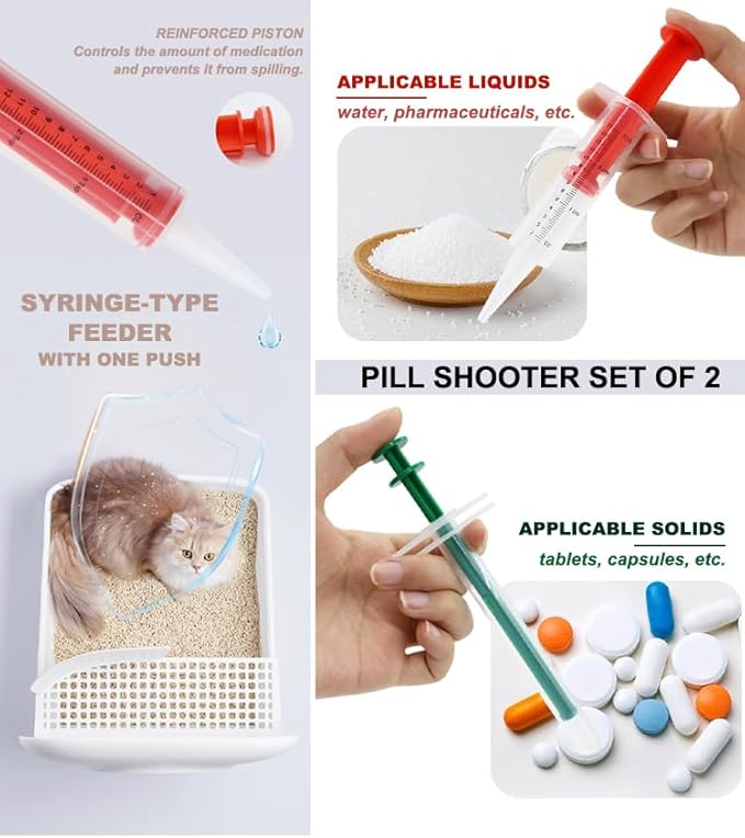 Cat Pill Shooter Kit 5 Pcs – Pet Piller Gun Dog, Pill Cutter Crusher, Soft Tip Syringe & Liquid Medicine Dispenser with 100ml Measuring Cup for Cats Dogs (2025 Upgrade)