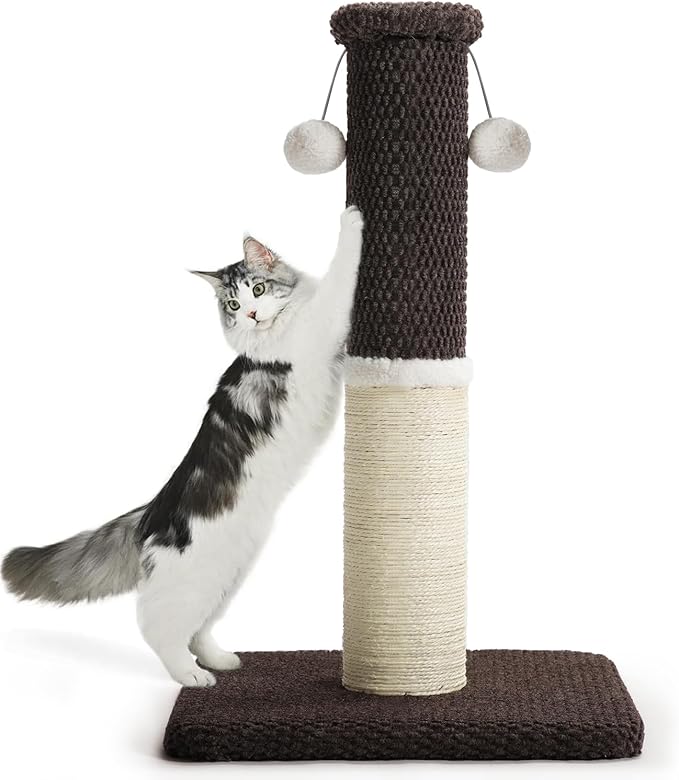 Made4Pets Tall Cat Scratching Post, Heavy Duty and Thicker Scratching Posts for Indoor Cats Adults, 33" Natural Sisal Cat Scratcher with Hanging Balls, Sturdy Base Cat Scratch Post, Brown