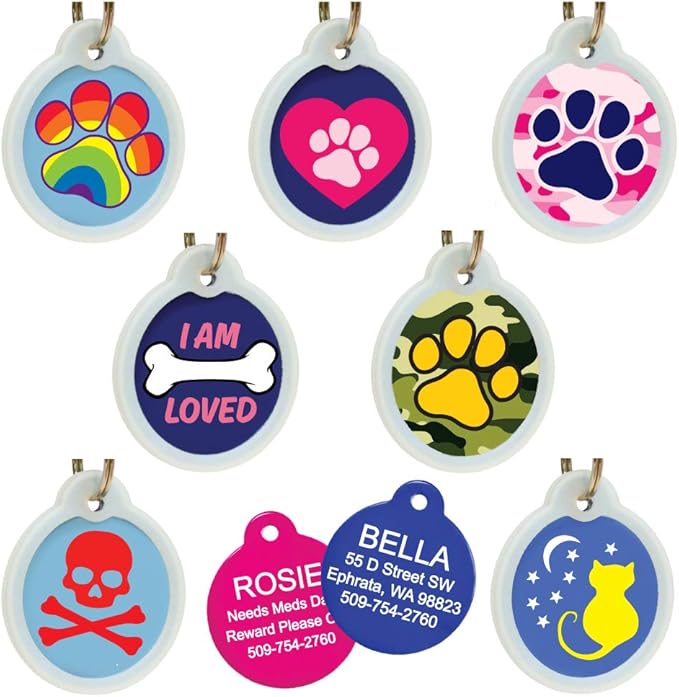 GoTags Unique Pet Tags, Personalized with 4 Lines of Custom Engraved ID, Silent Dog Tags with Glow in The Dark Silencer to Quiet Tag, Several Cute Tag Designs for Cat or Dog, (Skull and Crossbones)