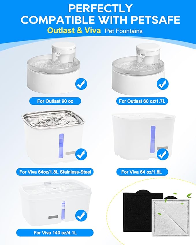 6-Pack Cat Fountain Filter Replacement Compatible with PetSafe Outlast Pumpless Pet Fountains, Fit for Viva Cat Water Fountain Stainless Steel, Filters