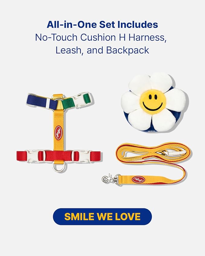 PETHROOM × Wiggle Wiggle Smile We Love Harness Set – Cute Dog Harness with Matching Leash & Backpack, Comfortable Walk & Travel Gear for Small to Medium Dogs, Medium