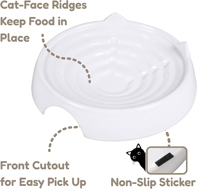 Whisker-Friendly Cat Food Bowl, Melamine Shallow & Wide Cat Bowl for Indoor Cats,Relieves Whisker Fatigue,Non-Slip Cat Dish for Wet and Dry Food (White, 6.3")