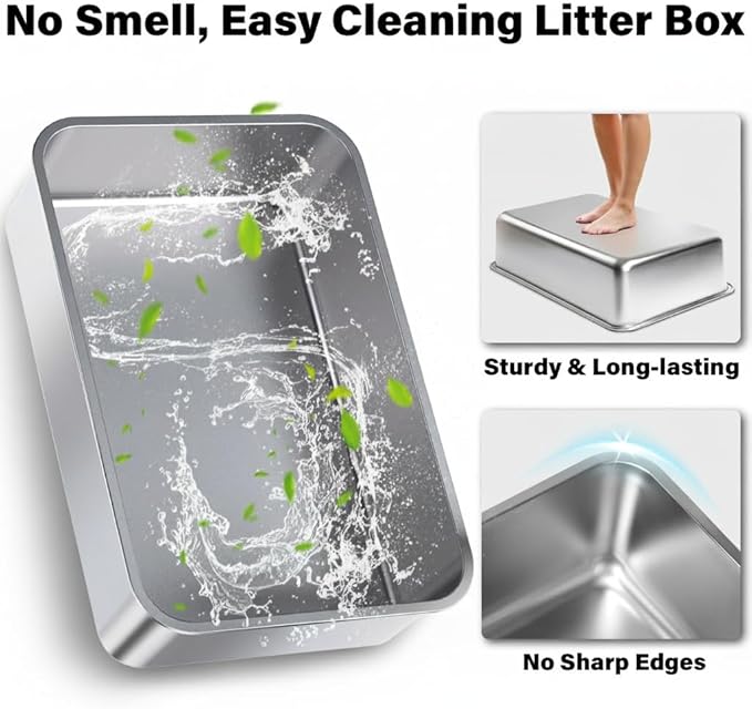 XL Stainless Steel Litter Box, Extra Large High Sided Metal Cat Litter Box with Lid and Scooper, Easy Clean, Non Stick & No Smell-24"x16"x12"