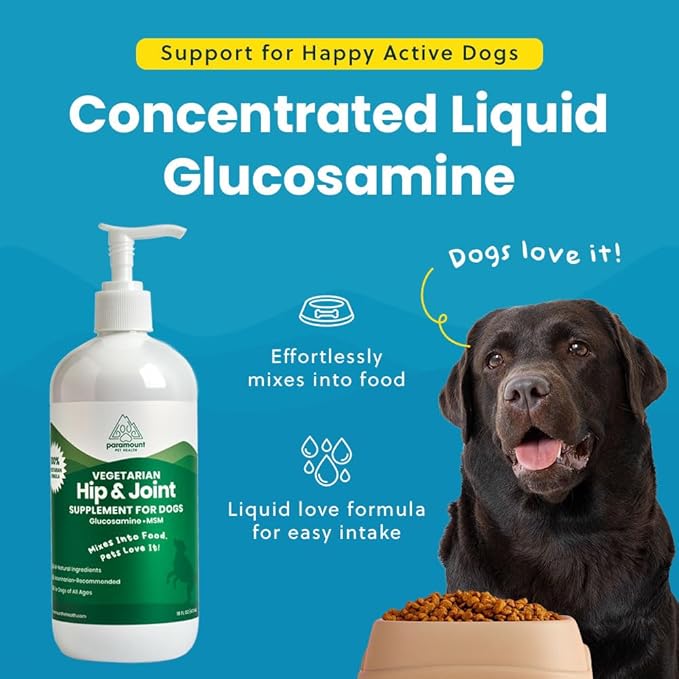 Paramount Pet Health Plant-Based Liquid Glucosamine for Dogs, 1600mg Joint Support Chondroitin, MSM & Omega 3-6-9, Shellfish-Free Dog Arthritis Supplement for Mobility & Flexibility Made in USA 16 oz
