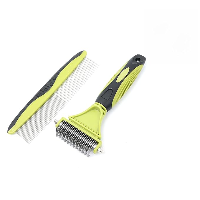 2-in-1 Dog Grooming Brush for Shedding & Dematting Comb for Dogs and Cats, Double Coat Undercoat Rake & Slicker Brush Pet Grooming Tool (Green)