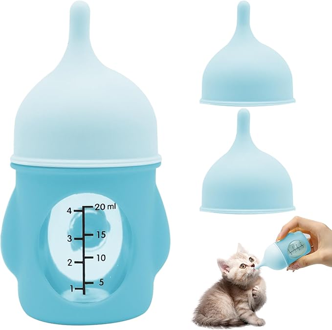 Pet Feeder Bottle Animal Feeding Bottles Kitten Bottles for Nursing Anti-Choking Design for Newborn Kittens Puppies Small Animals with 2 Pcs Replacement Nipple (Blue, 20 ml)