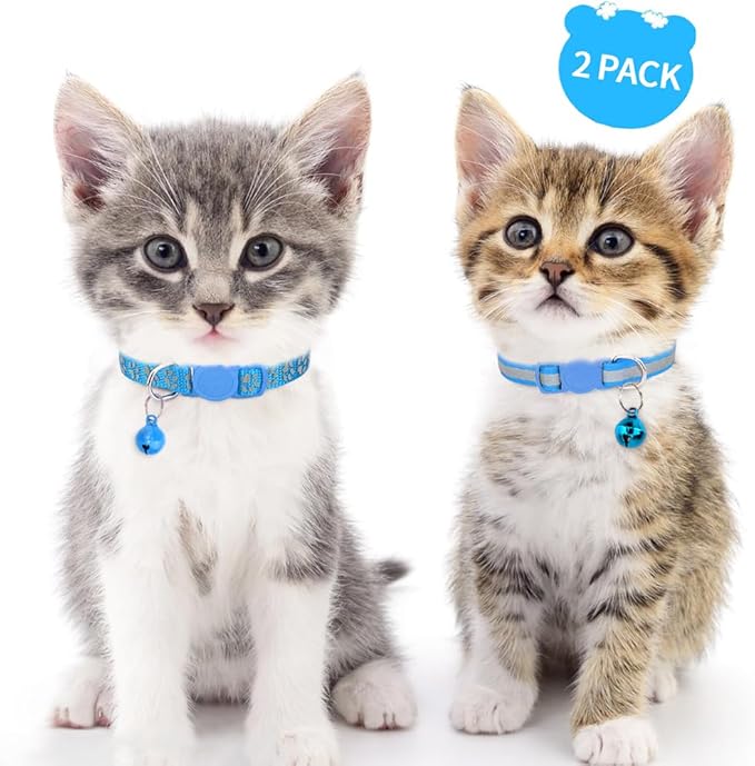 Taglory Kitten Collar Breakaway with Bell, Reflective Soft Cat Collar for Small Kittens, Adjustable 6-8 Inch High Visibility Night Strip, Lightweight for 2-6 Months Baby Cats, 2 Pack, SkyBlue