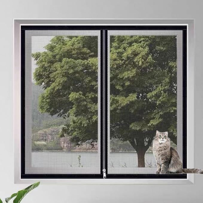 Cat Netting Window Screen Anti-Falling Mesh Fence,High-Security Cat Balcony Protection Net Self-Adhesive Insect Fly Screen with Zipper Opening (Black,47x59inch)