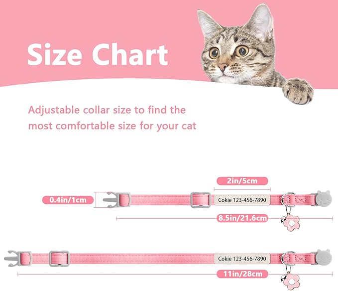 Personalised Glow in the Dark Cat Collar with Bell Flower Decoration, Custom UV-Printed Name & Phone Number, Luminous Adjustable Cat Collar Breakaway (Fluorescent Glow)