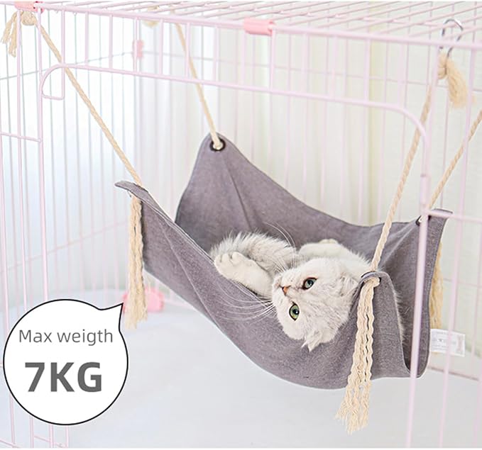 Breathable Linen Cat Hammock with Cotton Ropes in Clean Solid Colors, Minimalist Design for Cages Machine Washable (Gray)