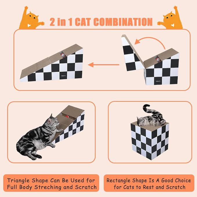 Simple Delxue Cat Scratching Board with Ball, Triangle Cat Scratching Cardboard, Multiple Scratching Angles, 2-in-1 Scratching Lounge Bed, Recyclable and Durable, Furniture Protector, Black and White