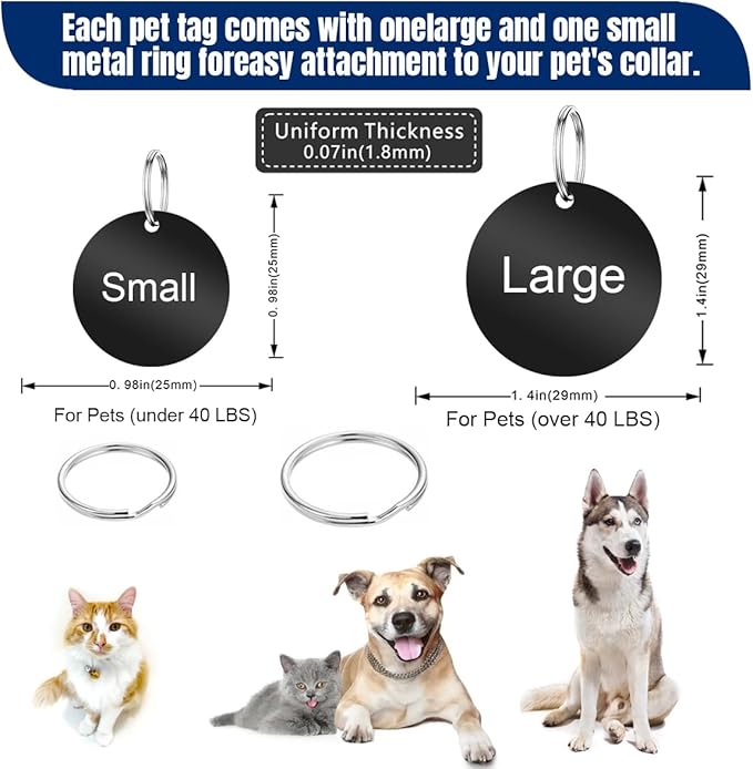 Personalized Dog Tags and Cat Tags, Stainless Steel Pet ID Tags, Collar Charm Engraved on Both Sides, up to 4 Lines of Custom Text, Various Patterns and Colors Options (Circular)