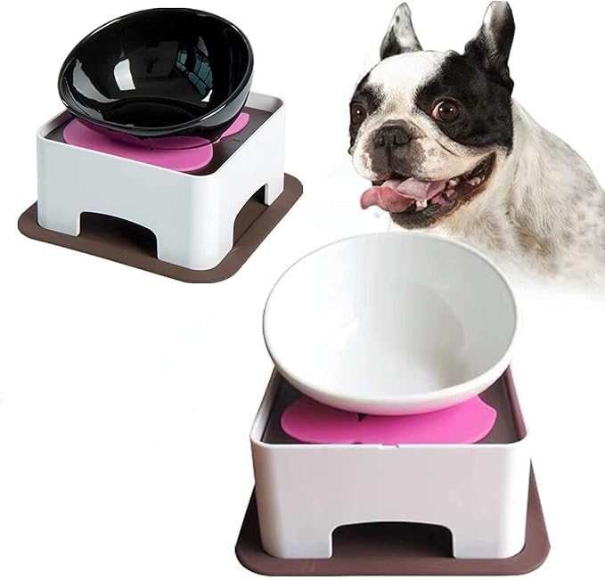 Bulldog Bowl Anti-Slip Dog Cat Dish Detachable Dog Bowls Pet Sterile Tilted Pet Feeder Slope Base (Black,Ceramic - 1.5 Cup
