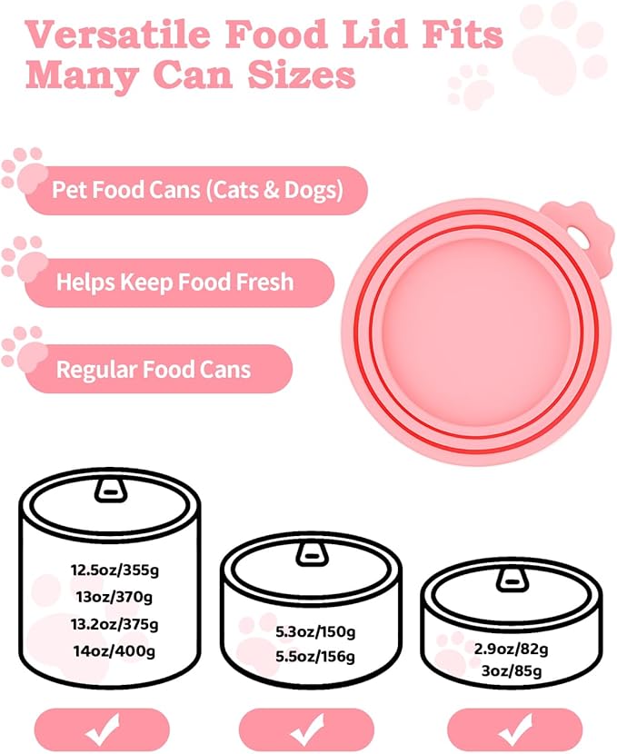 6 PCS Cat Food Can Covers Set, Reusable Silicone Can Lids with Opener, Stainless Steel Wet Food Spoon & Cat Treat Squeezer for Pet Feeding and Storage, Fits Cats & Dogs (Black Pink)