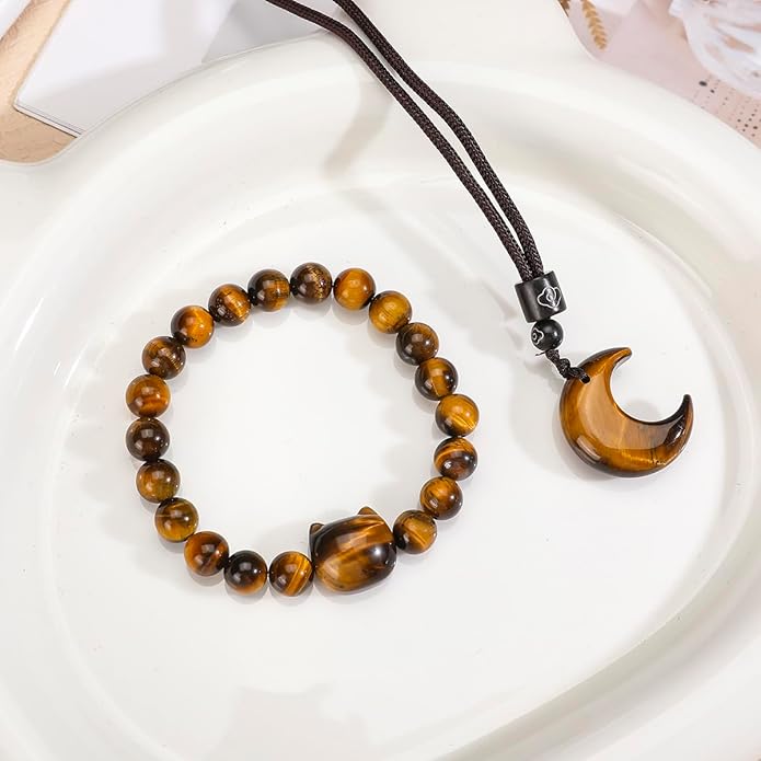 Black Obsidian Cat Bracelet and Moon Pendant Necklace Jewelry Set-Cat Lover Gifts,Wealth Attraction,Good Luck,Bead Bracelet,Mindfulness,Beaded Bracelets, Obsidian Pendant Necklace-Cute Gifts for Women