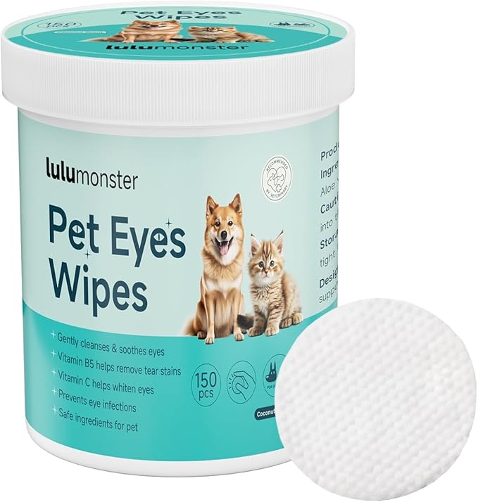 Dog Eye Wipes for Tear Stains – 150 Count Textured Pads with Vitamin B5, C & Aloe – Gently Removes Discharge, Mucus & Crust – Whitening & Soothing Grooming for Cats & Dogs