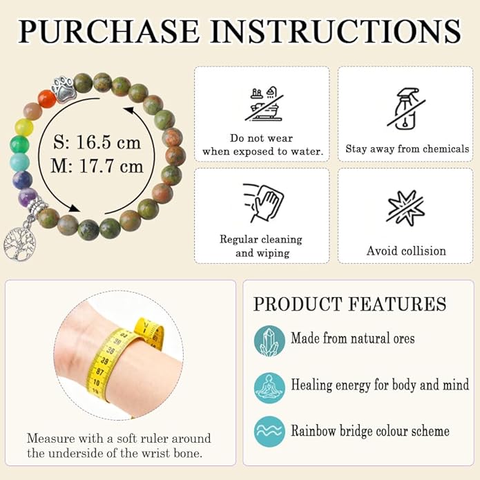 Pet Memorial Gifts, Sympathy Gift for Loss of Dogs and Cats, Chakra Rainbow Bridge Bracelet for Women Men Who Lost Pets