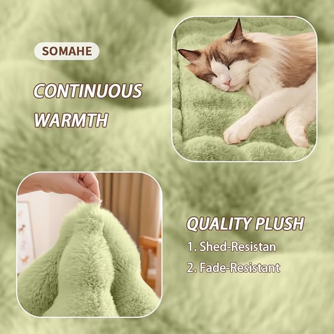 Self-Warming Cat Bed, Plush Faux Fur Pet Bed Mat with Anti-Slip Bottom, Ultra Soft Heated Bed for Cats & Medium Dogs, Cozy Fluffy Pad for Couch & Crate, Machine Washable, 27x20 Inch Green
