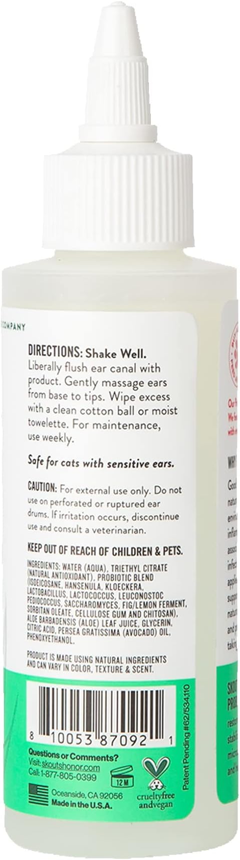 SKOUT'S HONOR Cat Ear Cleaner Solution with Aloe Vera - Alcohol-Free, Fragrance-Free, Non-Medicated Ear Wash for Cats, 4 oz., 2-Pack