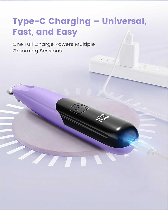 Dog Paw Trimmer with LED Light, 35dB Low Noise Paw Trimmers for Dog's Feet, 2 Speed Safety Electric Dog Clippers for Grooming, Rechargeable Cat Shaver for Paws, Ears, Face, Rump (Purple)