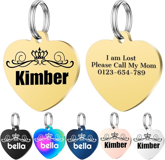 Personalized Dog Tags, Stainless Steel Pet Tags Personalized Cat, Collar Charm Engraved on Both Sides, up to 4 Lines of Custom Text, Multiple Patterns Colors Size Options (Crown, XSmall)