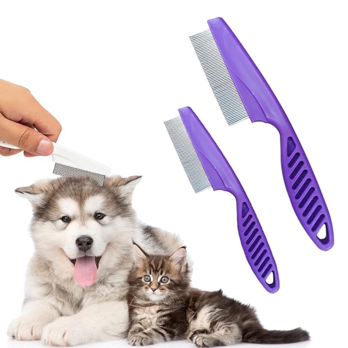 Pet Hair Comb, Multifunctional Pet Grooming Brush, Fine-Tooth Stainless Grooming Massage Comb, Tear Stain Removal Comb for Small Dogs Puppies (Purple, 2 Count)