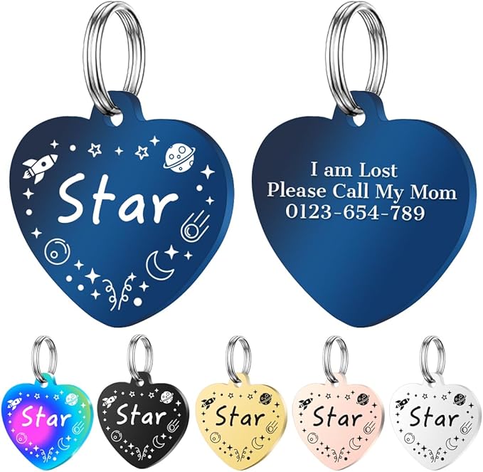 Personalized Dog Tags, Stainless Steel Pet Tags Personalized Cat, Collar Charm Engraved on Both Sides, up to 4 Lines of Custom Text, Multiple Patterns Colors Size Options (Star, Small)