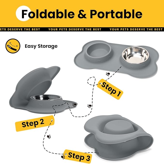 Stainless Steel Dog Bowls with Non-Slip Silicone Mat, Spill Proof Food & Water Bowls Set, Easy Clean Puppy Food Dish, Dishwasher Safe, Suitable for Dogs Cats Pet Under 20lbs, Small, Grey