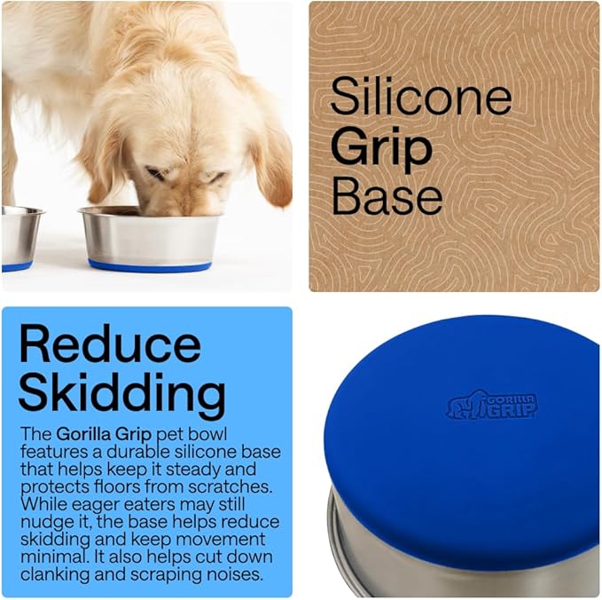 GORILLA GRIP Dog Bowls, Food Grade 304 Stainless Steel, Holds 8 Cups Each (64 fl oz) Food and Water Bowl for Feeding Dogs and Cats, Dishwasher Safe, Rust Resistant, BPA Free Rubber Base Set of 2 Blue
