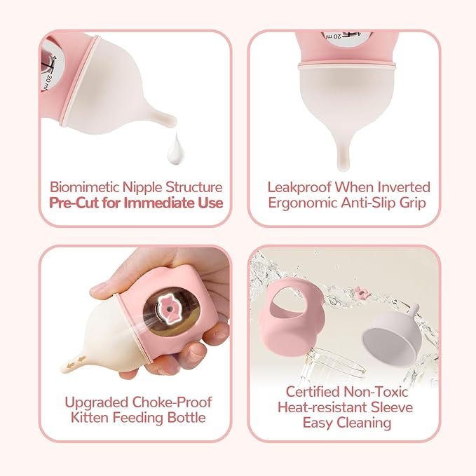 Ergonomic Pet Nursing Bottle,Puppy Bottles for Nursing Puppy Milk - 20ml Slow Flow Kitten Bottle Feeding kit for Newborn Kittens/Puppies/Small Animals, Easy-Clean Silicone Feeder (‌Pink‌)