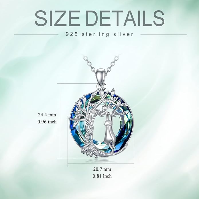 TOUPOP Cat Gifts for Cat Lovers Sterling Silver Cute Cats Tree of Life Pendant Necklace with Blue Circle Crystal Birthday Christmas Jewelry Gifts for Women
