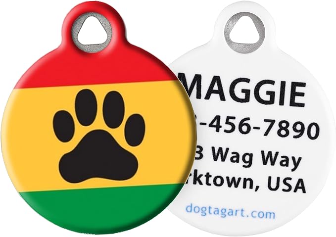 Dog Tag Art Rasta Paw Personalized Pet ID Tag for Dogs and Cats, Silent Polymer Coated Stainless Steel Nametag with Customized Identification Information, Small .875" Diameter