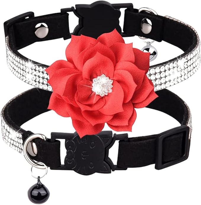 Cat Collars,Rhinestone for Girl Cats Bling Kitten Flower Adjustable Breakaway Collar with Bell Soft Velvet Leather Collar for Puppy Small Dogs (Black1)