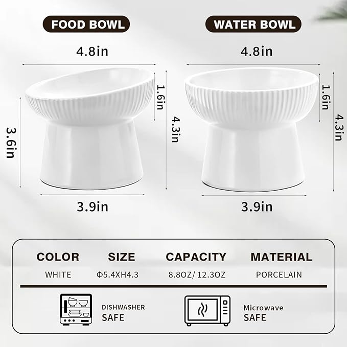 Elevated Cat Food Bowl, Ceramic Raised and Tilted Water Bowl, Whisker Fatigue Cat Bowls for Indoor Cats, Anti Vomiting and Protect Spines Pet Feeding Dishes for Kittens Small Dog, Heavy Non-Slip Base