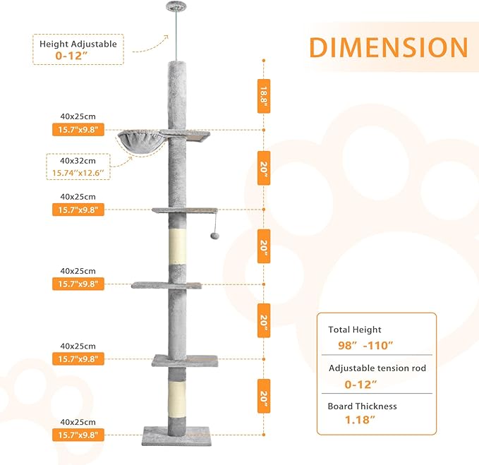 Floor to Ceiling Cat Tree,5 Tiers Tall Cat Tower with Adjustable Height(98-110),Cat Tree Floor to Ceiling with Cozy Hammock,Sisal Scratching Posts,Platforms,and Hanging Balls for Large Cats