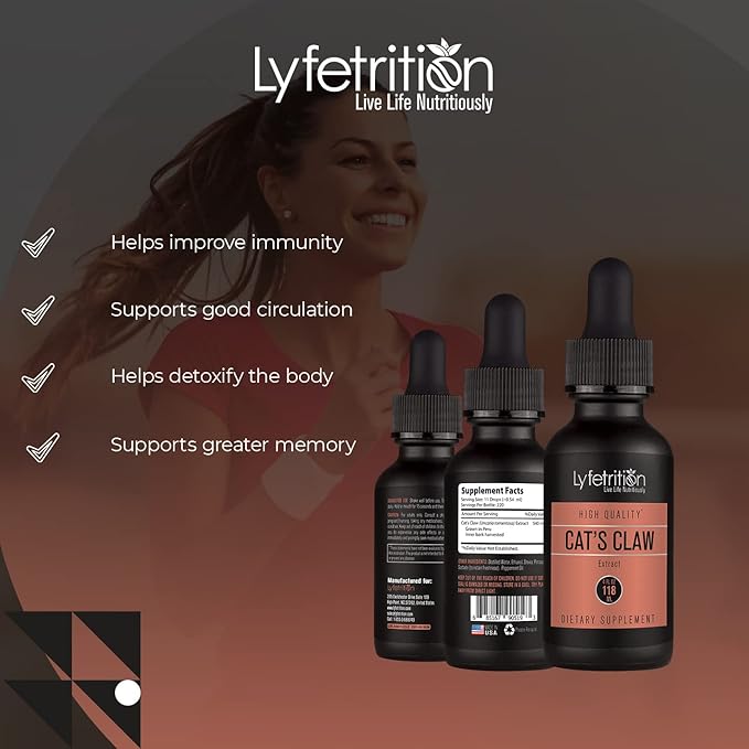 Lyfetrition Cat’s Claw 540mg, 4 Oz Liquid, 220 Servings, Made in USA, Quick Absorption, Quality Potent Ingredients, Third-Party Tested, Non-GMO, GMP Certified, Cruelty-Free Products