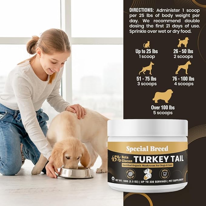 Organic Turkey Tail Mushroom for Dogs and Cats, 45% Beta Glucan Standardized, Hot Water Extracted Whole Fruiting Body, Third Party Tested, Immune and Gut Support, No Fillers, Made in USA, 330 ct