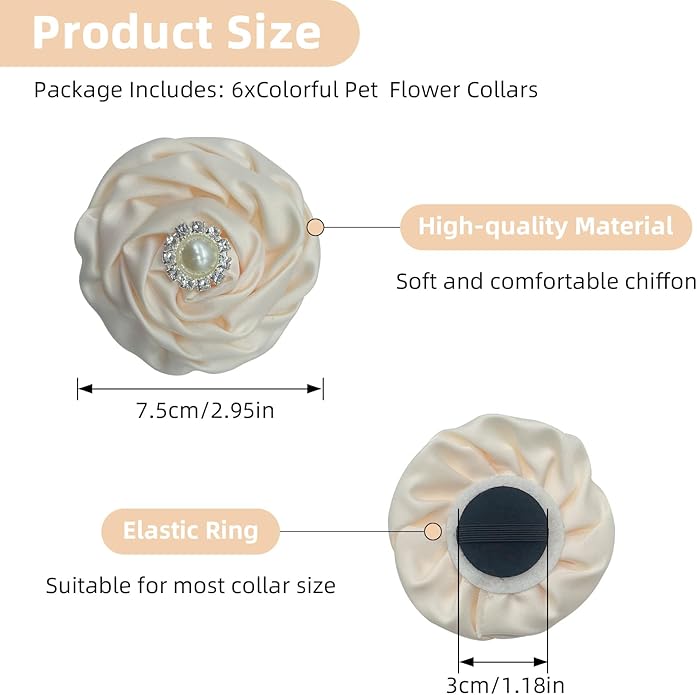 Dog Collar Flower Accessories with Pearls, Decorative Flower Charms for Dog and Cat Collars, Pack of 6
