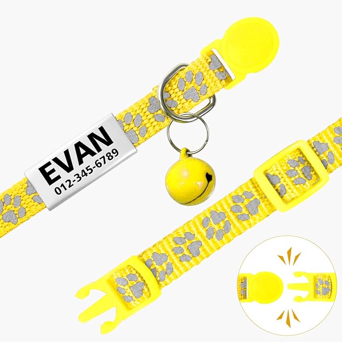 TagME 2 Pack Cat Collar with Name Tag, Personalized Reflective Cat Collar Breakaway with Bell for Boy & Girl Cats, Yellow