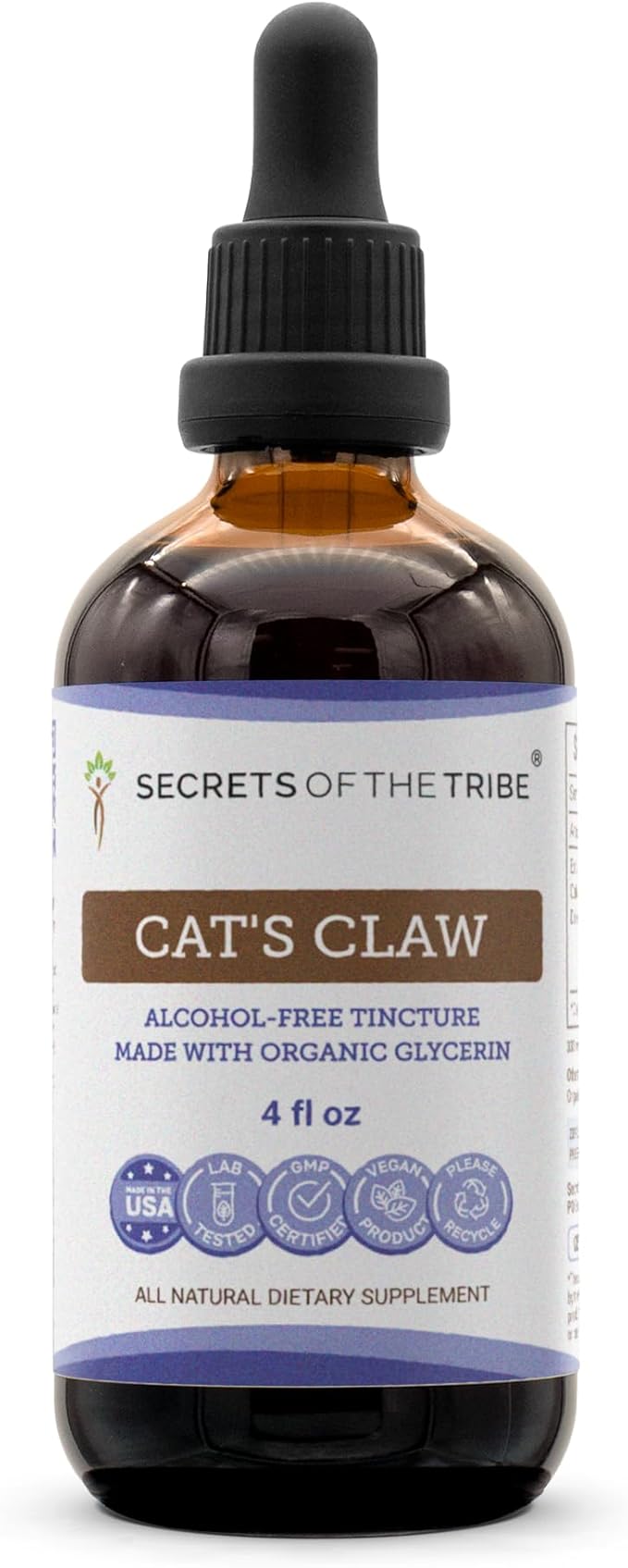 Secrets of the Tribe Cat's Claw Tincture Alcohol-Free Liquid Extract, Wildcrafted Cat's Claw (Uncaria Tomentosa) Dried Inner Bark (4 FL OZ)
