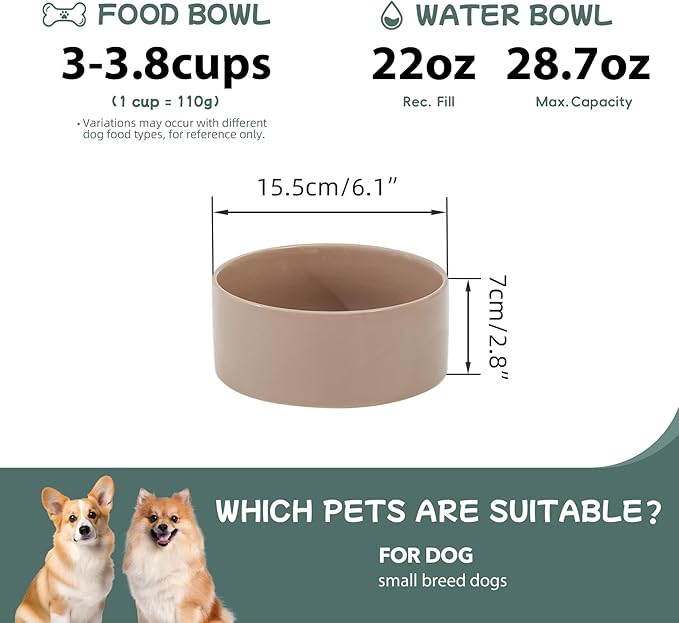 Ceramic 6.1inch Dog Bowls for Small and Medium Breed Dog Dish Pet Food and Water Bowl (Set of 2 Bowls - Dark Green, 28oz)