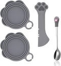 SJANE 4 Pcs Cat Food Can Spoon & Can Covers | Cute Paw Silicone Pet Food Can Opener Spatula & Can Lids | Stainless Steel Wet Food Spoon for Cats and Dogs(Grey)