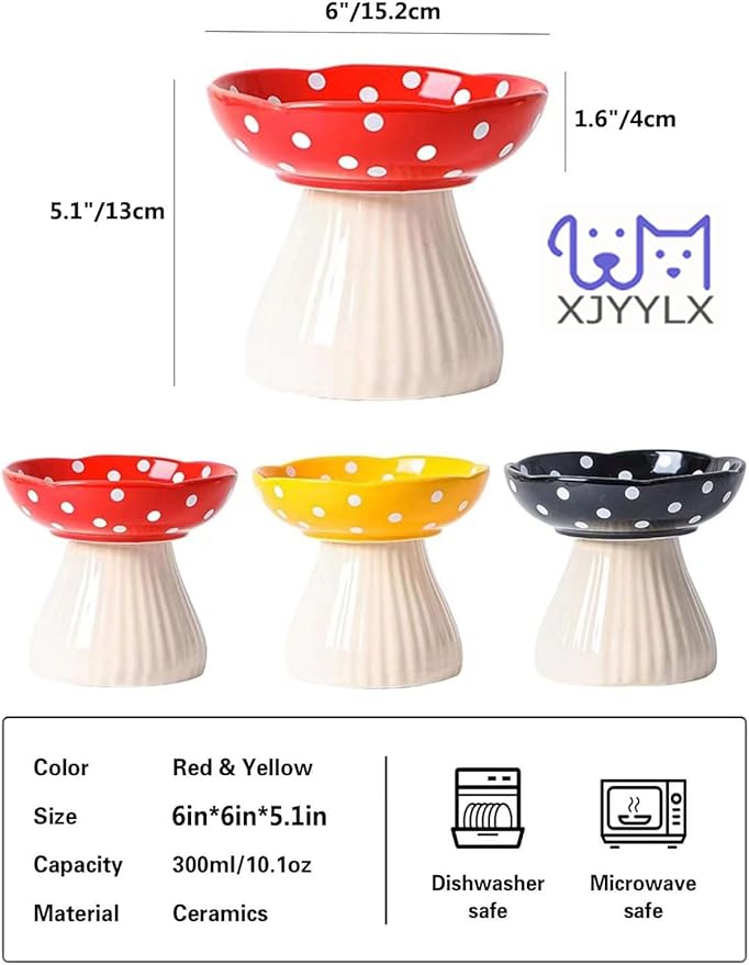 Ceramic Raised Mushroom Cat Bowl Set, Cute Elevated Whisker Friendly Dish for Food and Water, Red+Black 6" Wide for Adult Cats, Small Dog