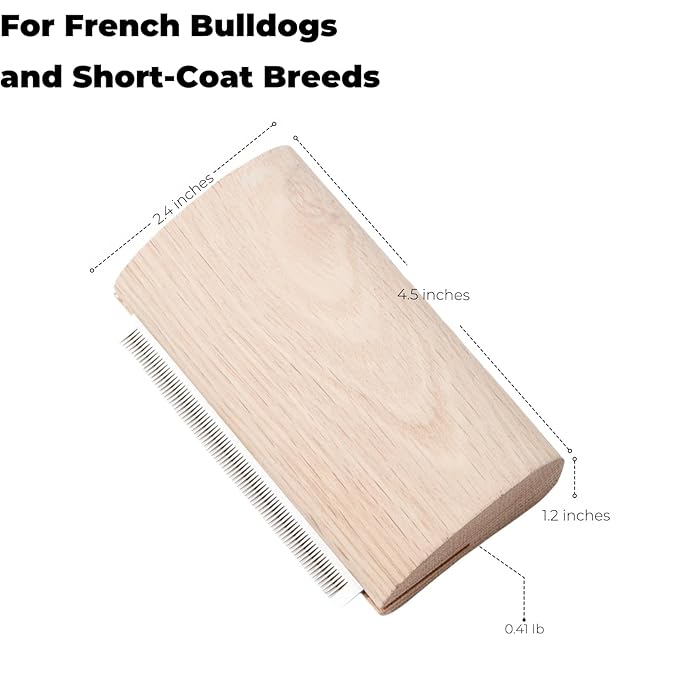 French Bulldog Brush for Shedding – Palm-Grip Wooden Deshedding Comb for Short Hair Dogs, Fine Stainless-Steel Teeth, Curved Body for Face/Neck/Chest, Easy-Rinse Grooming, Bath & Dry Use