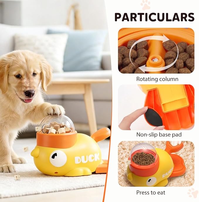 2 in 1 Dog Interactive Slow Feeder, 2026 New Slow Feeder Dog Bowl, Duck Treat Dispenser, Automatic Feeding Machine Intelligent for Small, Medium Dogs, Cats (Yellow)