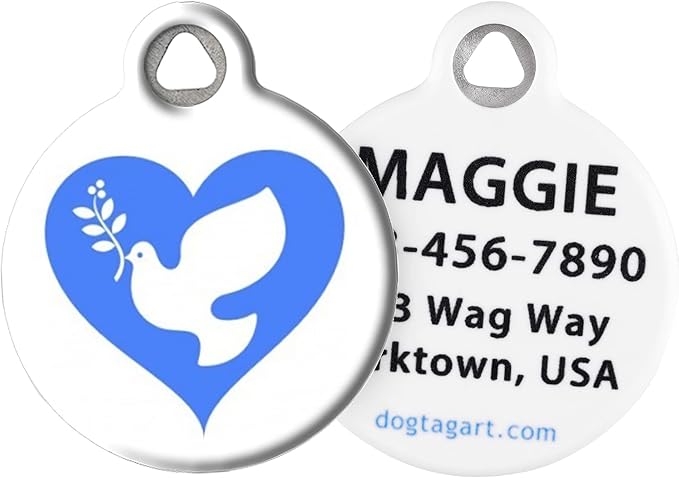 Dog Tag Art Religious Custom Pet ID Tag for Dogs and Cats, Personalized Dog Tag with Customized Identification Information, Peace Dove, Small (7/8" Diameter)