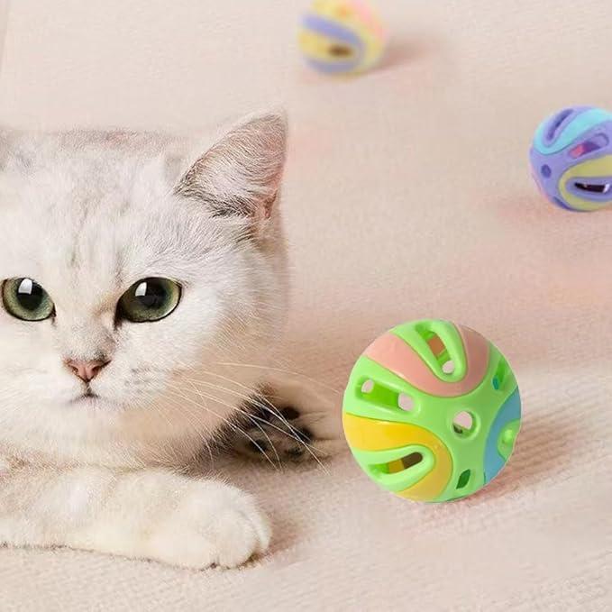Colorful Cat Toy Balls with Bell 6PCS, Interactive Hollow Design, Plastic, Training Exercise Toy(2 in 1 B+P)